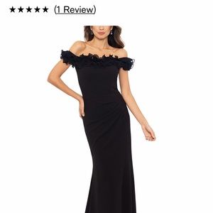 Beautiful XSCAPE Petite Ruffe-Trim Off the Shoulder Gown in Black